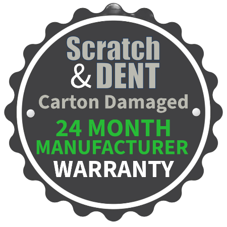 A circular badge or sticker with a serrated outer edge, reading 'Scratch & DENT' at the top, 'Carton Damaged' below, and '24 MONTH MANUFACTURER WARRANTY' in bright green and white text on a dark gray background.