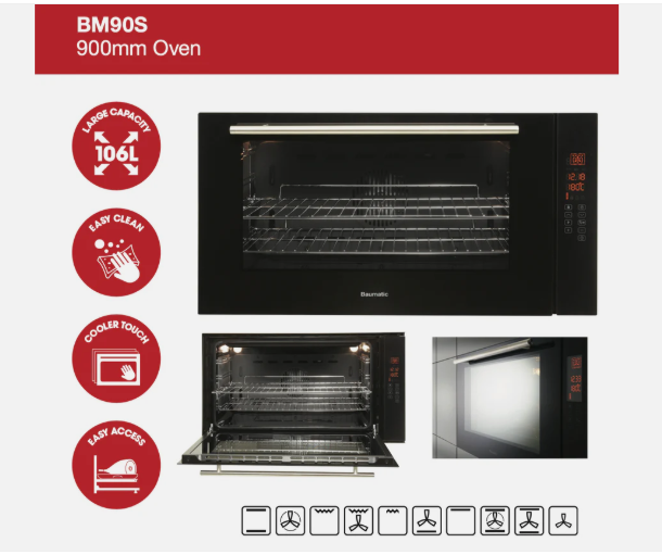 Baumatic BM90S 90cm Built-In Multifunction Oven – Black Glass & Stainless Steel