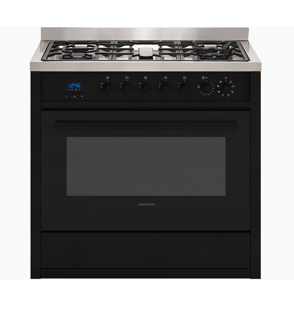 Euromaid EGE9TBK 90cm Freestanding Electric Oven With Gas Cooktop, Matte Black