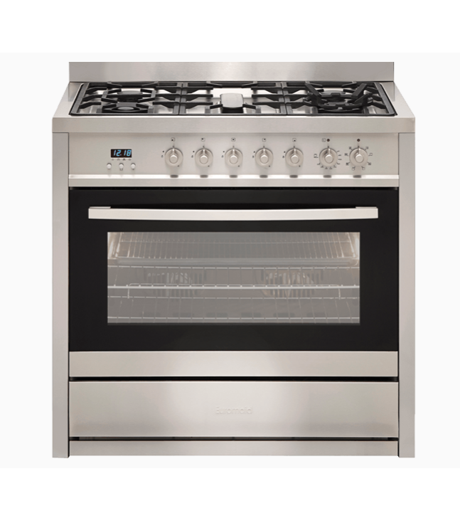 Euromaid EGE9TS 90cm Freestanding Electric Oven With Gas Cooktop, Stainless Steel