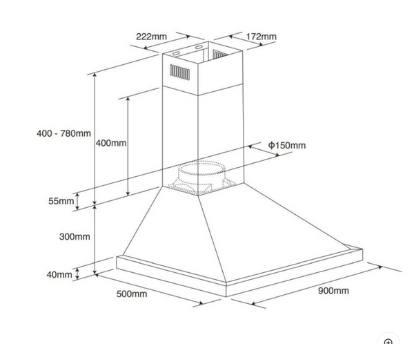 Viali V3FC90SS 900mm Canopy Rangehood in Stainless Steel Rangehoods